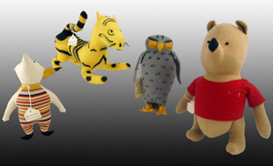 Morphy Auctions sold this rare set of four Agnes Brush Dolls with original tags for $450 in May 2007. The Pooh Bear is 13 inches tall. Image courtesy of Morphy Auctions and LiveAuctioneers archive.