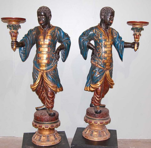Pair of life-size hand-carved blackamoors, hand-painted, 70 inches tall. Estimate:    $3,000-$5,000. Image courtesy of Four Seasons Auction Gallery.