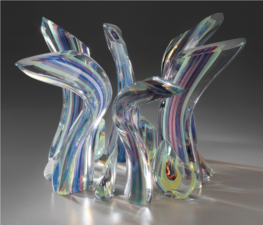 The height of this Harvey Littleton glass crown sculpture varies from 6 1/4 inches to 21 1/2 inches and is estimated at $10,000-$20,000. Image courtesy of Brunk Auctions.