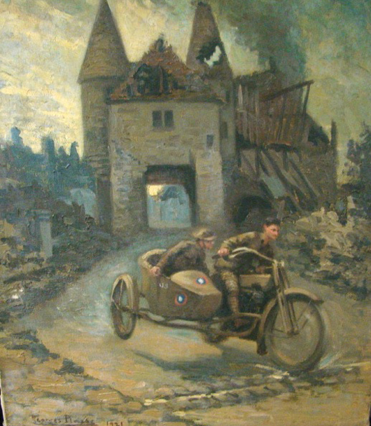 Georges Plass oil on canvas, soldiers riding motorcycle and sidecar. Estimate: $400-$600. Image courtesy of T A C Auctions.