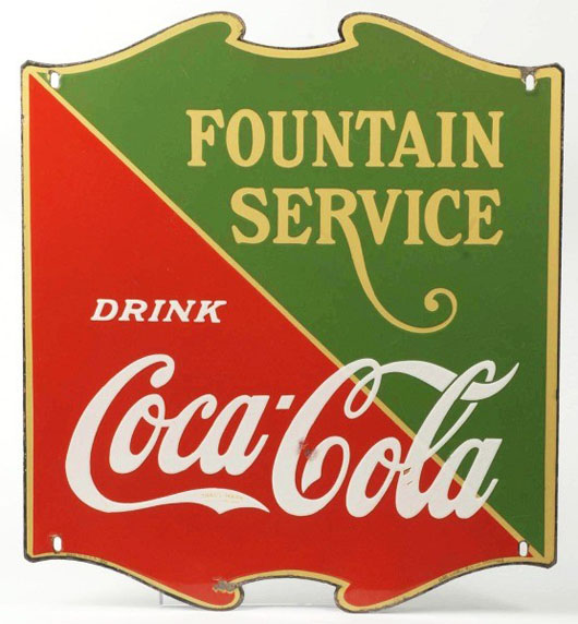 1935 porcelain Coca-Cola fountain service sign in Morphy's Jan. 8 auction. Estimate $1,200-$1,800. Morphy Auctions image.