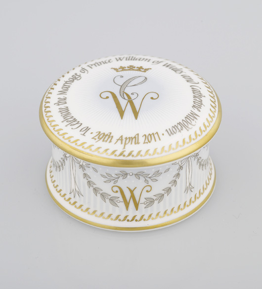 Online sales of Royal Wedding gifts from the U.K. Gift Company spiked when the official Royal Wedding china became available for sale. The limited-edition pillbox, part of the Royal Wedding range produced by the Royal Collection, is shown here. Image courtesy of Church’s China.