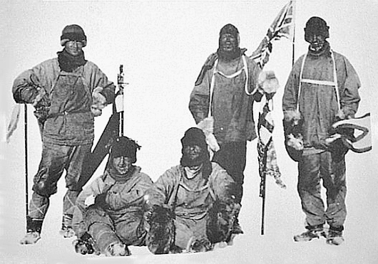 Henry Bowers (1883-1912) took this picture of Scott’s Terra Nova expedition team on Jan. 18, 1912, using a string to activate the shutter. Team members are (standing, left to right): Edward Wilson, Capt. Robert Falcon Scott, Lawrence Oates; and (sitting, left to right): Henry Bowers and Edgar Evans. One day earlier, they discovered that Norwegian adventurer Roald Amundsen had beaten them to the South Pole.