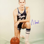 An autographed photo pictures a young Jerry West in a Los Angeles Lakers uniform. Image courtesy of Signature House, Bridgeport, W.Va., and LiveAuctioneers archive.