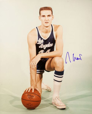 An autographed photo pictures a young Jerry West in a Los Angeles Lakers uniform. Image courtesy of Signature House, Bridgeport, W.Va., and LiveAuctioneers archive.