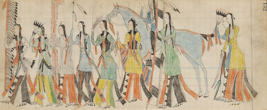 Group of 15 ledger drawings by Southern Arapaho artist Mad Bull (1883-1884), includes the cover with drawings on the inside, includes battle scenes, soldiers, ceremonial scenes, warrior societies, etc. Estimate: $60,000-$80,000. Image courtesy of Skinner Inc.