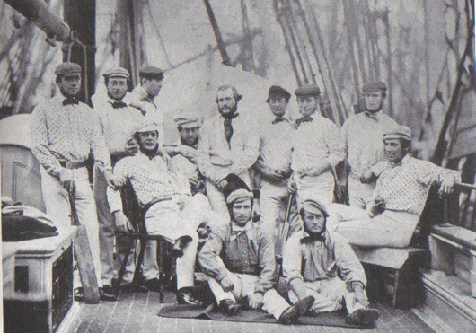 England's first touring cricket team, photographed on board ship in Liverpool, England in 1859. Photo by Fred Lillywhite (1829-1866).