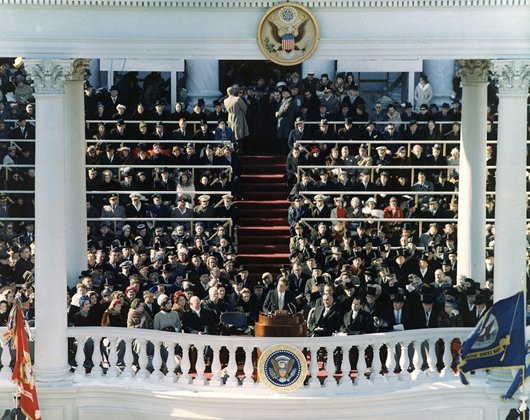 Photo taken during the Inaugural Address of John F. Kennedy, 35th President of the United States. Washington, D. C., Jan. 20, 1961. U. S. Army Signal Corps photo taken by Chief Warrant Officer Donald Mingfield. The photo is held in the John F. Kennedy Presidential Library and Museum, Boston.
