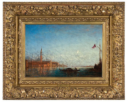 ‘Grand Canal’ by Felix Ziem, (French, 1821-1911), oil on canvas, dated 1896 on verso, 16 3/4 inches x 24 1/2 inches, original gilt and gesso frame. Estimate: $20,000-$30,000. Image courtesy of Cowan’s Auctions.