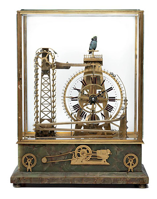 French rolling ball, constant force clock, circa 1900, 25 inches high, 17 1/2 inches wide, 7 3/4 inches deep. Estimate: $10,000-$15,000. Image courtesy of Cowan’s Auctions.