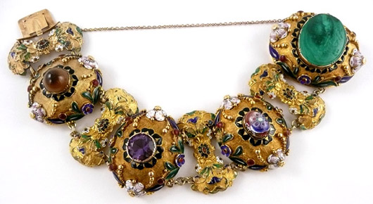 Circa-1825 bracelet by Austrian Crown Jeweler Piote et Kochert, enameled 18K gold set with stones and bearing an Islamic inscription, estimate $4,000-$6,000. Myers Auction Gallery image.