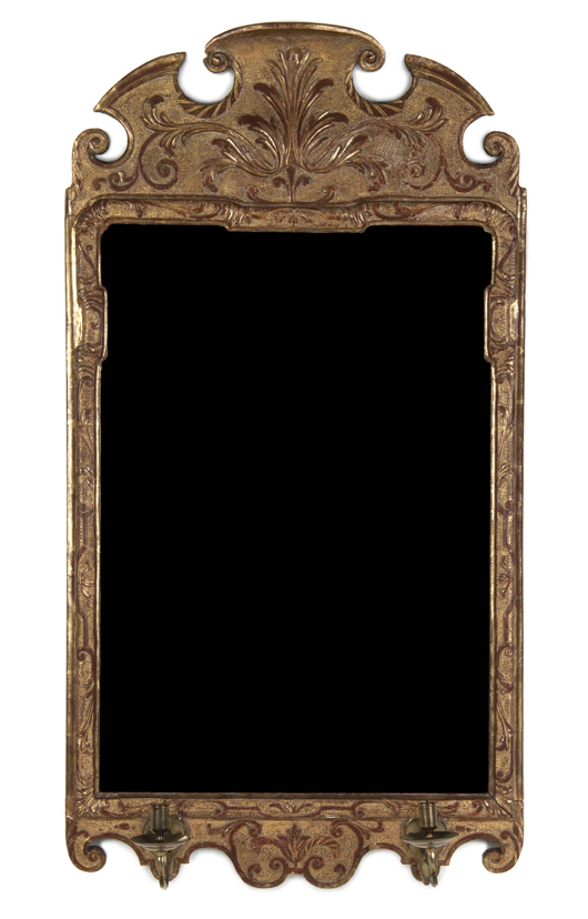 Queen Anne gilt gesso mirror, height 39 3/4 inches x width 21 1/2 inches, estimate: $15,000-$20,000. Image courtesy of Leslie Hindman Auctioneers.