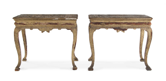 Pair of Queen Anne giltwood and gesso console tables, circa 1710, height 28 1/2 inches x width 33 1/2 inches x depth 17 3/4 inches, estimate: $15,000-$25,000. Image courtesy of Leslie Hindman Auctioneers.