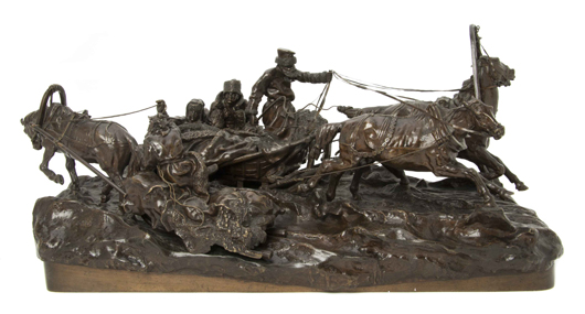 Russian bronze figural group by Vasilii Grachev (1831-1905), signed in Cyrillic with Woerffel foundry mark in Cyrillic, width of base 19 3/4 inches, estimate: $20,000-$40,000. Image courtesy of Leslie Hindman Auctioneers.