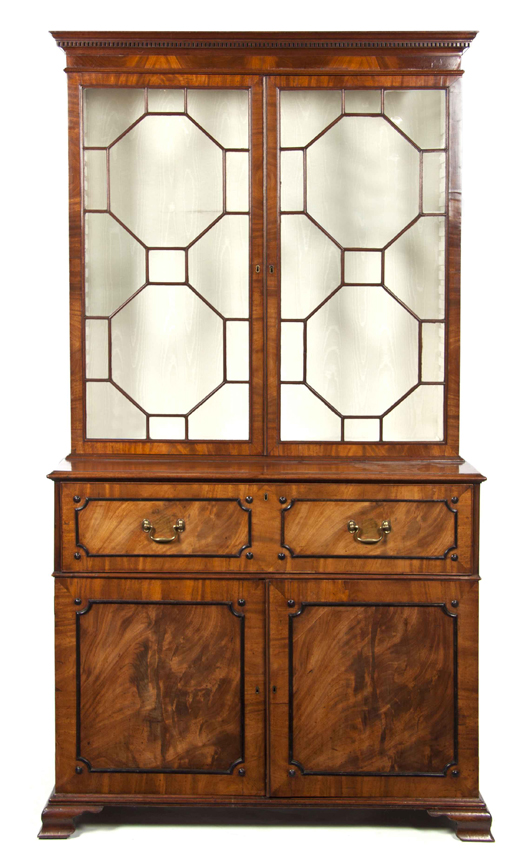 A George III mahogany secretaire bookcase, height 90 inches x width 51 inches, estimate: $10,000-$20,000. Image courtesy of Leslie Hindman Auctioneers.