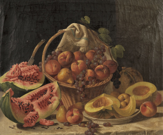 John F. Francis (American, 1808-1886), elaborate still life with melons and fruit on a marble slab. Estimate $80,000-120,000. Image courtesy of Skinner Inc.