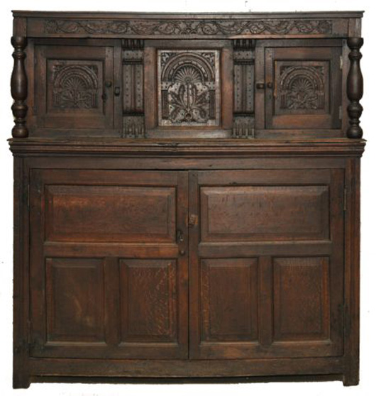 Charles II-style carved oak court cupboard, 17th century, 69 inches high x 66 inches wide x 23 inches deep. Condition: 20th century modifications, hinges and lock. $2,000-$4,000. Image courtesy of Gray’s Auctioneers.