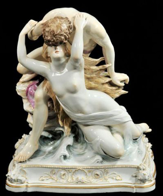 Meissen mythological figural group depicting Neptune and Salacia, signed with blue crossed swords, 15 inches x 12 1/2 inches x 9 1/2 inches. Estimate: $3,000-$5,000. Image courtesy of Gray’s Auctioneers.
