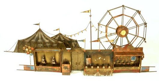 Curtis Jeré American Fairground copper and brass wall sculpture, signed lower right, 22 inches high x 55 inches wide x 7 inches deep. Estimate: $150-$250. Image courtesy of Gray’s Auctioneers.