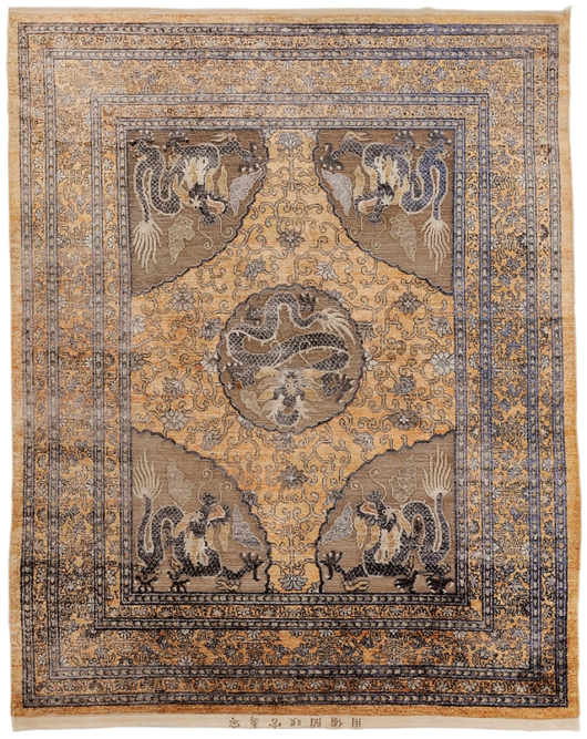 This Imperial Chinese silk and metal thread carpet set a new record for this type, selling for $207,000. The circa 1900 carpet measured 8 feet 1 inch x 9 feet 10 inches. It was probably purchased in China where it had been displayed in the Ning Shou Palace, Beijing. Image courtesy of Brunk Auctions.