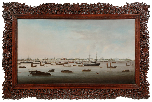 The sale’s top lot at $483,000 set a new record for China Trade paintings. Attributed to Chow Kwa (Chinese, active 1850-1885), ‘View of the Bund at Shanghai’ measures 20 3/4 inches x 37 1/4 inches. Image courtesy of Brunk Auctions.