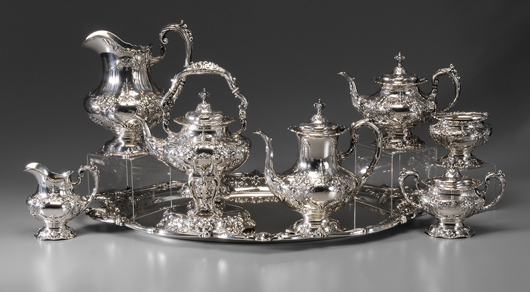 Of the sale’s 68-lots of silver, this Reed and Barton sterling tea service and tray was far and away the most expensive. It brought $31,050 (est. $15,000/$25,000). Image courtesy of Brunk Auctions.