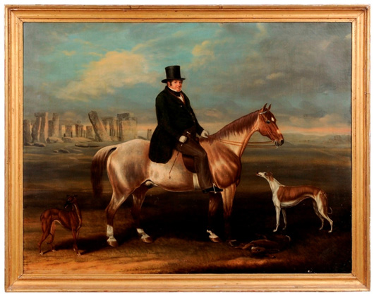 Samuel Spode (British, 1825-1858) was an equestrian artist who accepted private commissions and rarely exhibited. His ‘Gentleman on Horse’ with Stonehenge in the distance sold for $36,800.  The 34 1/8-inch x 44 1/8-inch oil on canvas was the third highest painting in the sale. Image courtesy of Brunk Auctions.
