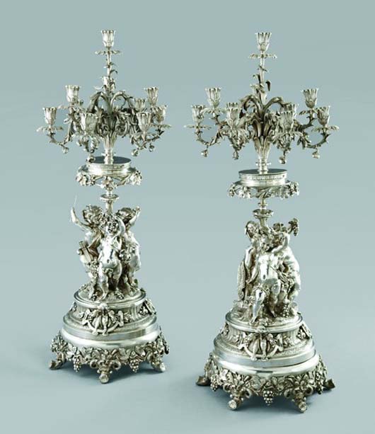 Grand and opulent pair of Continental electroplate 10-light candelabra, early 20th century, 37 1/2 inches high. Estimate: $25,000-$40,000. Image courtesy of New Orleans Auction, St. Charles Gallery.