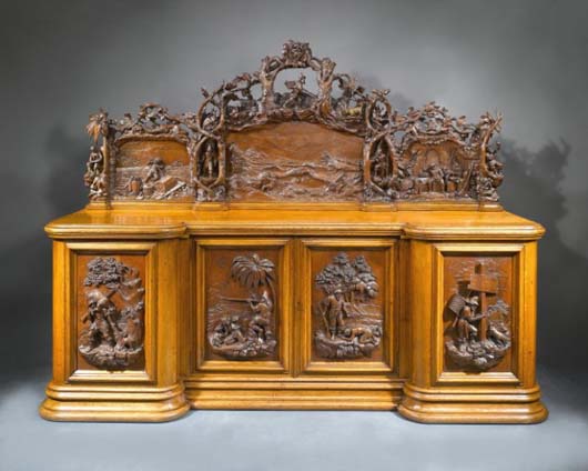 Important Rococo Revival ‘Robinson Crusoe’ oak sideboard, third quarter 19th century, 84 inches high, 109 inches wide, 34 inches deep. Estimate: $300,000-$500,000. Image courtesy of New Orleans Auction, St. Charles Gallery.