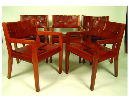 Set of six woven leather and oak armchairs designed by Stewart Ross James, Winchester, N.H., circa 1955. Andrew Spindler will have the set at the Armory Show. Image courtesy of Stella Show Management Co.