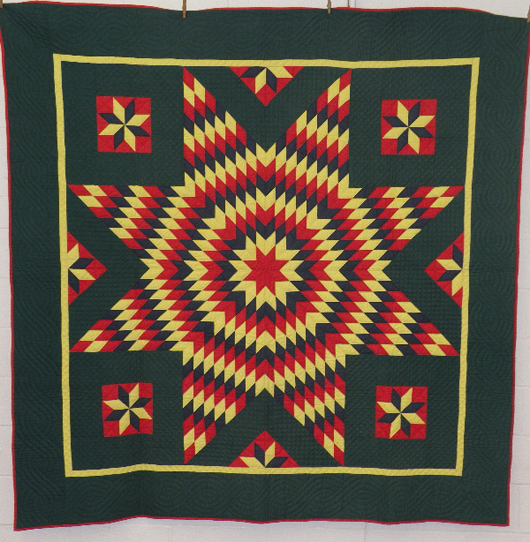 Starburst pattern quilt, circa 1900, pieced with large central star and small stars surrounding, attributed to Katherine Keller (Mrs. Abraham B.) Hess (1856-1929), Ephrata Township, Lancaster County, Pa., cotton front and printed cotton back, 82 inches x 81 inches. Estimate:  $1,200-$1,400. Image courtesy of T. Glenn Horst & Son Inc.