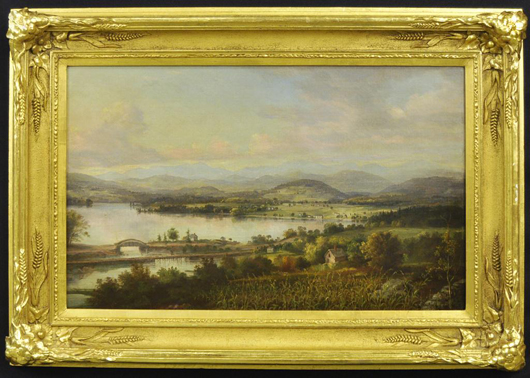 John W.A. Scott (American (1815-1907) ‘White Mountain Panorama,’ signed J.W.A. Scott, oil on canvas, 15 inches x 24 inches. Estimate: $3,000-$5,000. Image courtesy of John McInnis Auctioneers.