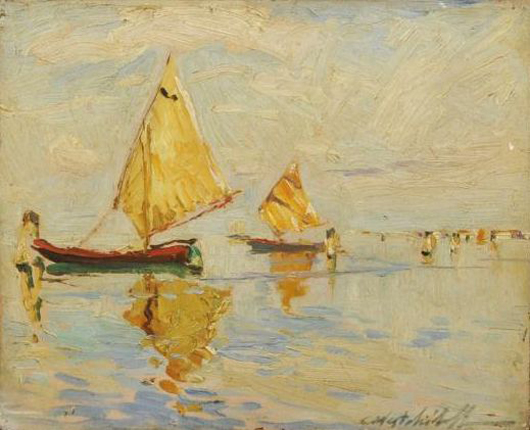 Constantin Westchiloff (Russian American, 1877-1945) ‘Venice Lagoon,’ signed C. Westchiloff, oil on panel, 8 1/2 inches x 10 1/2 inches. Estimate: $2,000-$3,000. Image courtesy of John McInnis Auctioneers.