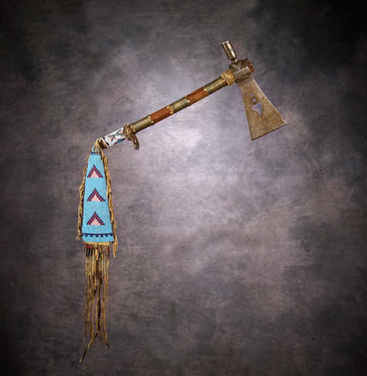 Blackfeet tomahawk and beaded drop, circa 1870, comes to the sale with an estimate of $10,000-$20,000. Image courtesy of High Noon Western Americana.