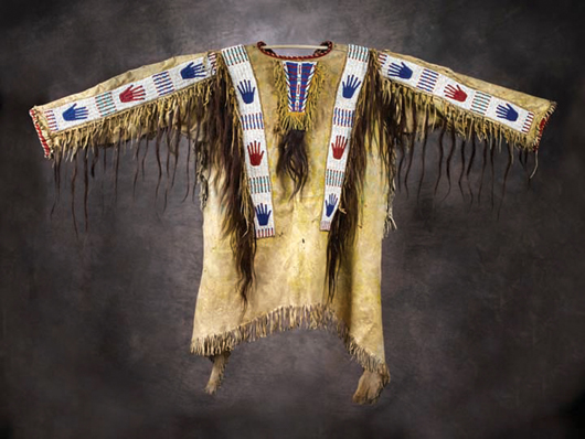 This rare and important Sioux man’s beaded pictorial shirt, circa 1880, is expected to sell for $50,000-$100,000. Image courtesy of High Noon Western Americana.
