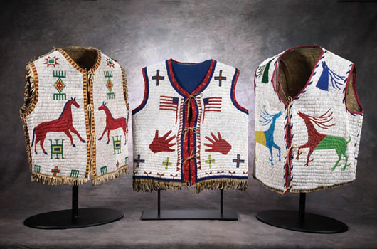 Three Sioux pictorial beaded vests, circa 1880s, are each is estimated at approximately $6,000-$12,000. Image courtesy of High Noon Western Americana.
