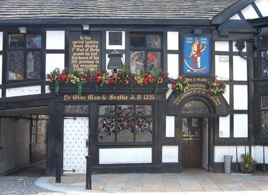 Ye Olde Man & Scythe, a pub in Bolton, Lancashire, England, one of many thousands of public houses that are expected to get the go-ahead to stay open late on the occasion of the Royal Wedding of Prince William and Catherine Middleton. Photo taken by Michael Ely on July 19, 2007. Licensed under Creative Commons Attribution Share-Alike 2.0 license.
