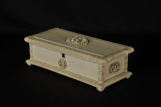 Chinese Cantonese export ivory box, 19th century, height: 3 1/2 inches, width: 11 inches, depth: 5 inches. Estimate:  $3,000-$5,000. Image courtesy of John McInnis Auctioneers.