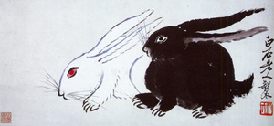 Qi Baishi (Chinese, 1864–1957). Two Rabbits, 20th century. Hanging scroll; ink and color on paper; 8 9/16 x 18 5/16 in. (21.7 x 46.5 cm). The Metropolitan Museum of Art, New York, Gift of Robert Hatfield Ellsworth, in memory of La Ferne Hatfield Ellsworth, 1986 (1986.267.232). Image courtesy of The Metropolitan Museum of Art. All rights reserved.
