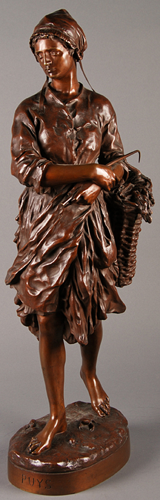 Jean Carpeaux (French, 1827-1975), La Pecheuse de Vignots (The Winkle Gatherer), signed bronze, 28 3/8 inches, stamped Propriete Carpeaux, inscribed Puys. Estimate $3,000-$5,000. Myers Auction Gallery image.