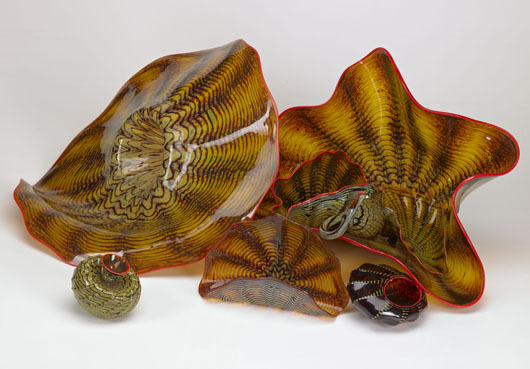 Dale Chihuly eight-piece Macchia glass grouping, estimate: $12,000-18,000. Image courtesy Rago Arts and Auction Center.