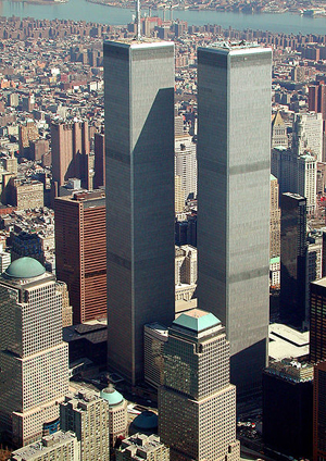 March 2001 aerial view of the World Trade Center's Twin Towers, New York City, site of the 9/11 terrorist attack of 2001. Photo by Jeffmock. Licensed under the Creative Commons Attribution-ShareAlike 3.0 Unported license.