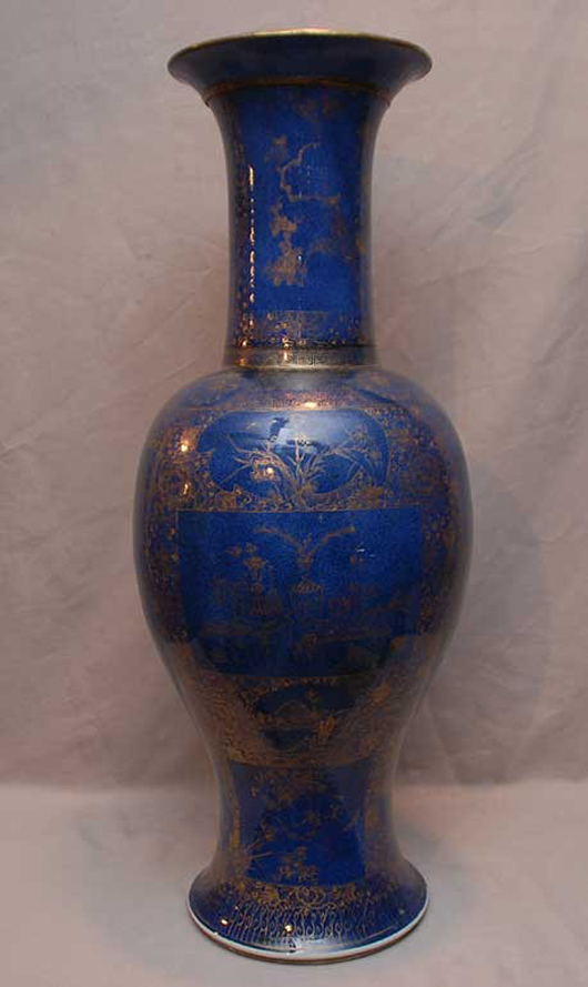 This rare 18th- or 19th-century Chinese porcelain jardinière/vase with gold accents has a repair to the bottom. It is 29 inches high and estimated at $500-$1,000. Image courtesy of Bill Hood & Sons.