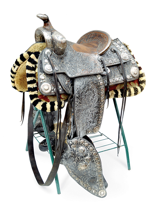 This fine circa 1940 Bohlin saddle with extensive sterling mounts is expected to earn $15,000 to $20,000. Image courtesy of Clars Auction Gallery.