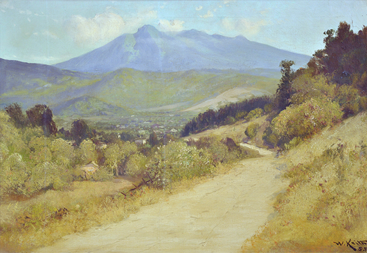This beautifully executed oil on canvas by William Keith (California, 1838-1911) entitled ‘View of San Anslemo Valley with Mount Tam’ is expected to earn $30,000 to $50,000. Image courtesy of Clars Auction Gallery.