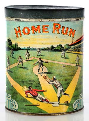Home Run Cigar tin with colorful baseball theme, one of few known examples, top lot of the sale at $18,400. Morphy Auctions image.