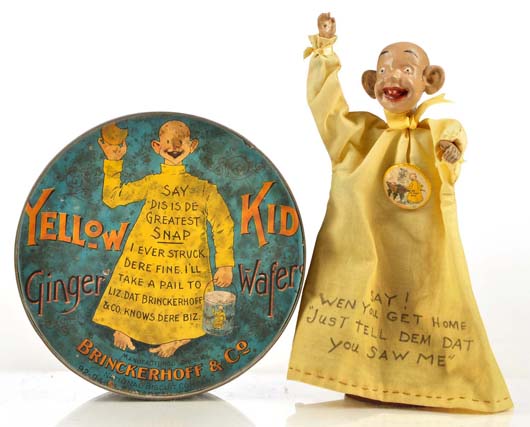Lot of two Yellow Kid items including Ginger Wafer tin and puppet/doll on stand with celluloid cigarette pin attached to gown, $10,350.