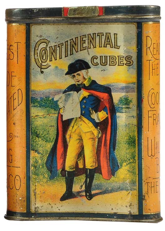 Continental Cubes curved tobacco pocket tin in rare 6-inch-tall size, $3,450. Morphy Auctions image.