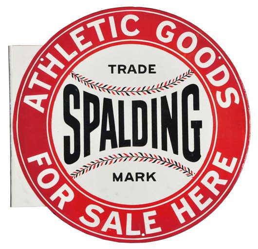 Porcelain flange sign advertising Spalding Athletic Goods, one of three known examples, $7,500. Morphy Auctions image.