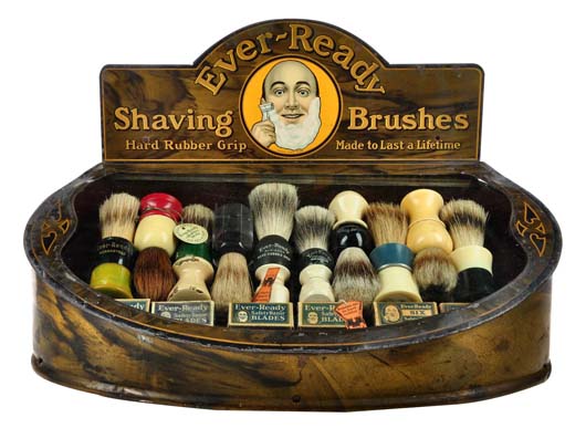 Ever-Ready Shaving Brushes store display with 20 brushes and six packs of razor blades, $5,750. Morphy Auctions image.